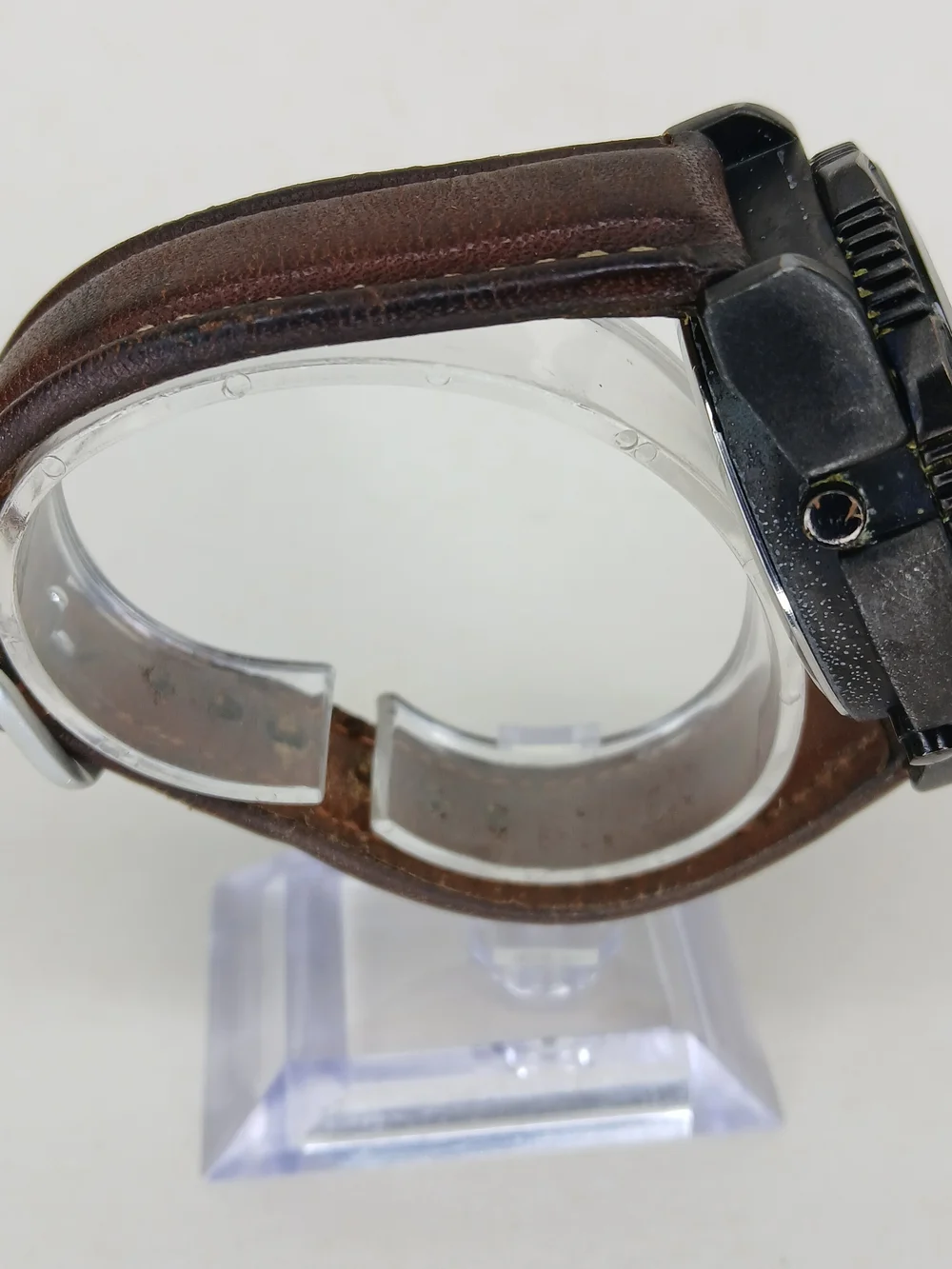 ​Vintage Mens Dual Display Quartz Alarm Chrono Watch Tachymeter Bezel Brown Band